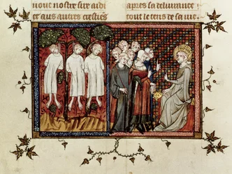 Ms Fr. 5716 fol.246 St. Louis spreekt recht en veroordeelt Enguerrand de Coucy (1228-1311) voor het ophangen van drie jonge edelen, uit Leven en Wonderen van St. Louis, c.1330-40