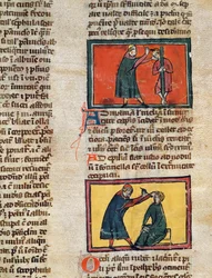 Ms H 89 fol.3 Artsen behandelen de zieken, uit een editie van Boek der Chirurgie door Rogier de Salerne