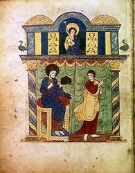Ms Lat 8878 fol.1v Jezus presenteert het evangelie aan St. Matteüs, uit een Commentaar op de Apocalyps door de Asturische monnik Beatus van Liebana (c.776) c.1028-72 (perkament)