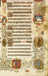 Ms Lat 919 fol.96 Detail van wapenschilden en dierdecoratie, van St. Peter die Jean de France (1340-1416) Hertog van Berry naar het Paradijs leidt, uit de Grandes Heures de Duc de Berry