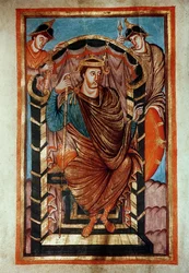 Ms Latin 266 fol.1v Lothair I (795-855) op de troon, uit de Evangiles de Lothaire, ca.840-851