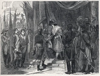 Napoleon Bonaparte overhandigde de handel van Campoformio aan het lid van de Uitvoerende Raad op 10 december 1797. Deze handel tussen Frankrijk en Oostenrijk markeert het einde van de Eerste Coalitie