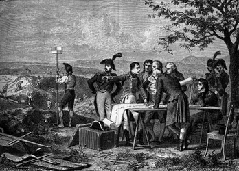 Napoleon Bonaparte wijst het plan aan voor het graven van het Canal de Saint-Quentin in 1801 - Gravure van de 19e eeuw