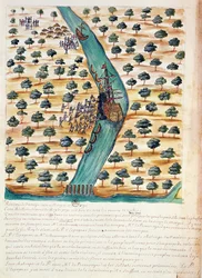 Inboorlingen die Franse schepen aanvallen op de rivier Tavoy, uit een verslag van de Jezuïeten in Siam, 1688