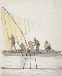 Inboorlingen van Iles Basses en uitgebalanceerde zeilkano, aquarel door Jules-Louis Lejeune, uit Duperrey