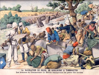 Navigeren op de rivier de Niger tussen Koulikoro en Timboektoe. Een expeditie onder leiding van commandant Le Blevec die boten in secties rond stroomversnellingen vervoert. De navigatie van de Niger, van Koulikoro naar Timboektoe. De mannen van commandant 