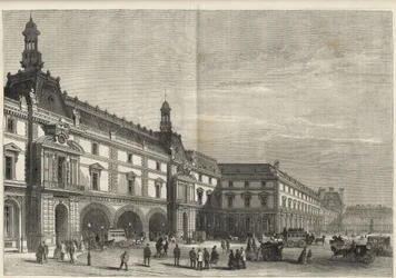 Nieuwe gebouwen van de Tuilerieën op de Place du Carrousel - Le nouveau Louvre - gevel aan de kant van de Place du Carrousel en de zaal des États - gravure van 1869