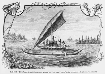 Nieuw-Caledonië, pirogue van het Isle of Pines, naar een pen- en inkttekening van een gedeporteerde, illustratie uit het bulletin Les Missions Catholiques, 1893