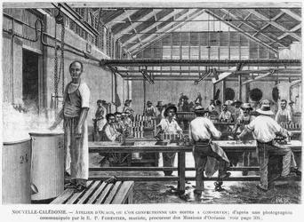 Nieuw-Caledonië, werkplaats in Ouaco, blikfabricage, naar een foto gegeven door de Marist Reverend Father Forestier, illustratie uit het bulletin Les Missions Catholiques, 1889