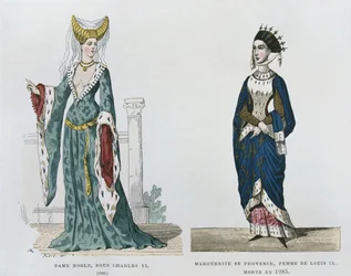 Adellijke vrouw onder het bewind van Karel VI, Marguerite de Provence, vrouw van Lodewijk IX, overleden in 1285, uit Costumes civils et militaires des francais a travers les siecles