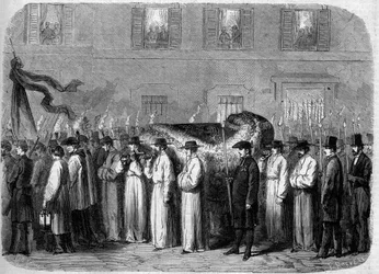 Begrafenis van Jean Baptiste (Giovanni Battista) Niccolini (1782-1861), 21 september 1861: begrafenisstoet met de overblijfselen van de Italiaanse dichter in de straten van Florence (Firenze), Italië. Gravure in 