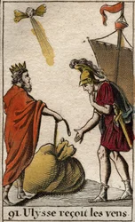 Odyssee van Homerus: Aeolus, koning van het eiland van de Cyclopen, geeft Odysseus de zak met de winden, zodat hij ze voor eigen doeleinden kan gebruiken.