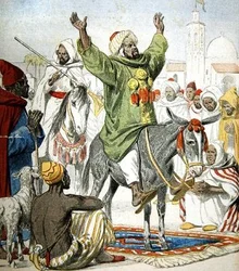Omar Zarahun, pretendent van de troon van Marokko, predikt een Heilige Oorlog, omslagillustratie van Le Petit Journal, 23 november 1902