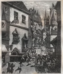 Op 20 mei 1636 werden acht vervalsers gearresteerd in de rue Champfleuri door twee politiecommissarissen vergezeld door een dozijn sergeanten - in "Parijs door de eeuwen heen" door Nicolas Jules Henri Gourdon de Genouillac (1826-1898).