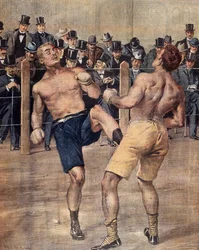 Een van de eerste savate-wedstrijden, Frans boksen, gevochten in Parijs in 1899 (kleurgravure)