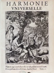 Orpheus speelt voor dieren. Frontispice van Harmonie universelle door Marin Mersenne