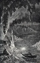 Padirac-grot in het departement Lot, Frankrijk - Rivière souterraine - Gouffre de Padirac - in het Lot in Frankrijk - gravure in 