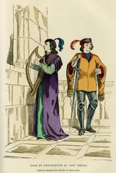 Pagekostuums en troubadour in de 13e eeuw. Kleuren gravure naar een tekening van het manuscript van de wonderen van Saint Louis (Louis IX 1214-1270), in 