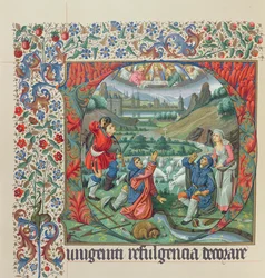 Pagina uit een facsimile editie van Missel de Jouvenel des Ursins met een gehistorieerde initiaal en een uitzicht op Parijs en de Seine in de 15e eeuw