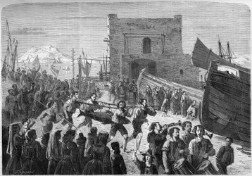 Vissers van Palermo dragen triomfantelijk de eerste tonijn die gevangen is bij de opening van de visserij. Sicilië, Italië