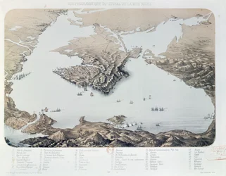 Panoramisch gezicht en plattegrond van Sebastopol en de Zwarte Zeekust ten tijde van de Krimoorlog, 1855