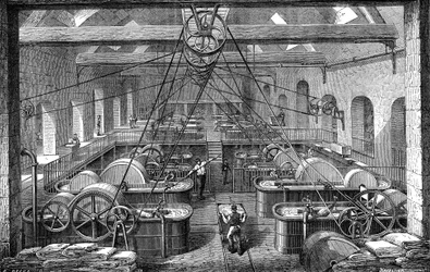 Papierindustrie: werkplaats voor het raffineren en bleken van papierpulp. Gravure 1867