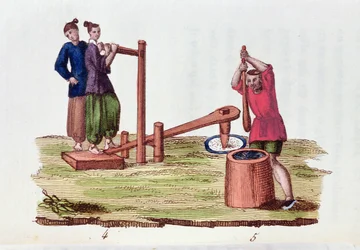 Papierproductie van bamboe, uit La Chine en Miniatures door M. Breton, gepubliceerd in Parijs, 1811
