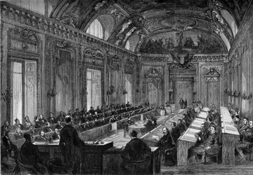 Parijs, 4 augustus 1871: eerste vergadering van de gemeenteraad in de Troonzaal van het Palais du Luxembourg. Gravure in 