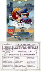 Parijs, voor- en achterkant van een promotiekaart voor Lefèvre-Utile (LU) biscuits, eind 19e eeuw