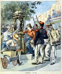 Parijzenaars drinken rond een Wallace-fontein - in 