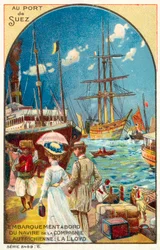 Passagiers die aan boord gaan van een schip van de Oostenrijkse Lloyd-lijn in de haven van Suez, Egypte