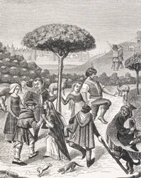 Boerendansen van de Meifeesten, naar een miniatuur in een 15e-eeuws gebedenboek, uit 