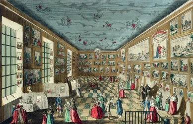 Perspectiefweergave van de salon van de Koninklijke Academie voor Schilderkunst en Beeldhouwkunst in het Louvre, Parijs