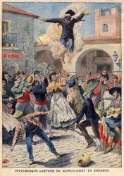 Pittoreske gewoonte van Stille Zaterdag in Spanje: de mensen maken een rieten mannequin gekleed in oude kleren (Judas) die door de straten wordt gedragen, uitgescholden, beschoten en verbrand - illustratie uit 