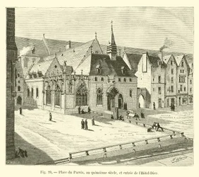Place du Parvis, in de vijftiende eeuw, en ingang van het Hotel-Dieu