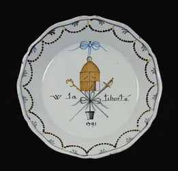 Bord met een open vogelkooi en de legende Vive la Liberte, 1791