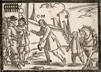 Politieke pamfletten Mazarinade: Mazarin bevrijdt de prinsen in Le Havre, houtsnede