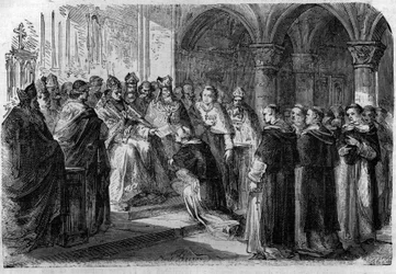 Paus Adrianus II overhandigt een van zijn legaten een excommunicatiebul tegen Heer Normand. Gravure in 
