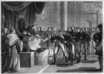 Paus Pius VII (1742-1823) ontvangt in Rome de Franse zeelieden, leden van de bemanningen van de twee brikken "Saint Peter" en "Saint Paul" aangeboden als geschenk aan de paus door Bonaparte, augustus 1802 - Gravure van 1865 in "Histoire du Consulate et de 