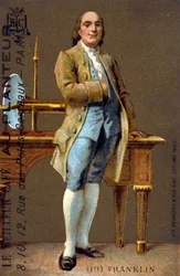 Portret van Benjamin Franklin, Amerikaanse politicus en natuurkundige (1706-1790) - chromo., begin 20e eeuw