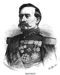 Portret van Charles Denis Bourbaki (1816-1897), Franse officier. Gravure in 