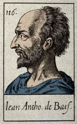 Portret van Jean Antoine de Baif (1532-1589), Franse dichter lid van de Pleiade-beweging. Gravure uit de 19e eeuw.
