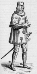 Portret van Louis de Malet, heer van Graville (ca. 1441-ca. 1519), admiraal van Frankrijk in 1487, in oorlog- en toernooikostuum. Gravure in 