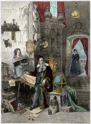 Portret van Nostradamus, Michel de Notre Dame (1503-1566), Franse astroloog en arts met Catherine de Medici (1519-1589) - 19e eeuw (gravure)