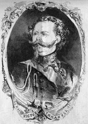Portret van Victor Emmanuel II (Vittorio Emanuele) (Victor-Emmanuel) (1820-1878), koning van Sardinië en toekomstige koning van Italië. Gravure in “Le Monde Illustré” nr. 95 van 5 februari 1859.
