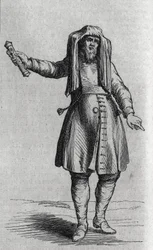 Portret van een Joodse man die de Mezuzoth (Mezouzoth, Mezouzah, Mezouza) vasthoudt. Gravure in 