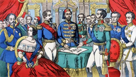 Portret van de soevereinen van Europa tijdens het Vredesverdrag in 1856: van links naar rechts, Victor Emmanuel II, koning van Sardinië, Victoria, koningin van Engeland, Napoleon III, Turkse keizer, Alexander II, koning van Rusland