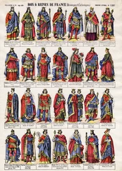 Portretten van de koningen en koninginnen van Frankrijk van de Merovingische en Karolingische dynastieën. Epinal afbeelding.
