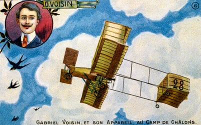 Ansichtkaart ter ere van de Franse pionier-aviator Gabriel Voisin, begin 1900s
