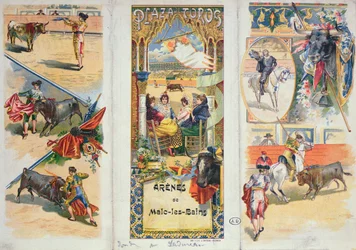 Poster die de stierenvechtring in Malo-les-Bains adverteert, eind 19e eeuw